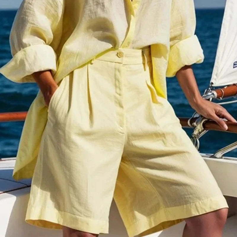 LIZAKOSHT  -  Casual Shorts for Women Cotton Linen Wide Leg Shorts New Fashion Loose High Waisted Pleated Elegant Yellow Half Pants