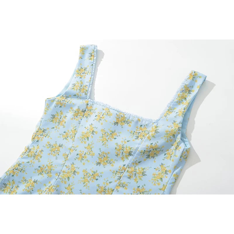 LIZAKOSHT  -  Vintage Blue Floral Print Summer Tank Top Women Front Button Bow Square Neck Sleeveless Crop Top