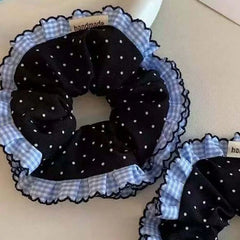 LIZAKOSHT  -  1PC Artistic-Style Blue Plaid & Polka Dot Lace Hair Scrunchie, Black Polka Dot Hair Scrunchie/Hair Tie/Hair Elastic for Top Knot