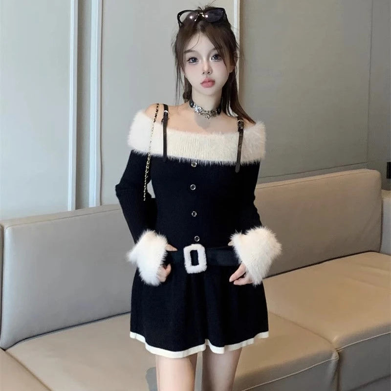 LIZAKOSHT  -  Women Knitted Mini Dress Autumn Hottie Slash Neck Patchwork Fashion Camisole Dresses Off Shoulder Belt Button Casual Vestidos