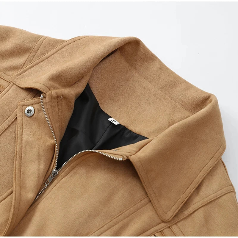 LIZAKOSHT  -  Elegant Cropped Suede Jacket Women 2025 New Autumn Winter Vintage Casual Loose Pocket Zipper Long Sleeve Short Coat Streetwear