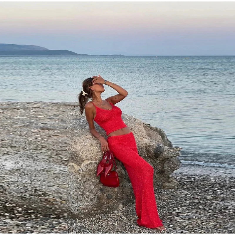 LIZAKOSHT  -  Sexy Glitter Knitted Slings Long Skirt Set Lady Casual Solid V-neck Tops Shiny Slim High Waist Skirts Sets Women Summer Beach