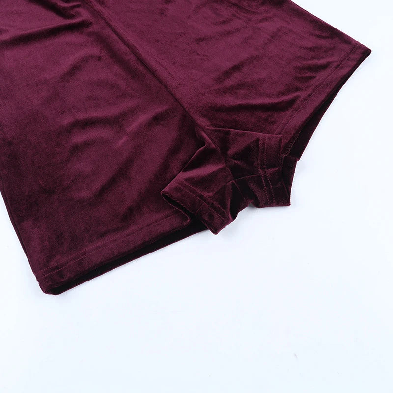 LIZAKOSHT  -  Sexy Wine Red Velvet Low-cut Neck Long Sleeve Skinny Zipper Package Hip Playsuit Fashion Club Street Outfit Jumpsuit Shorts