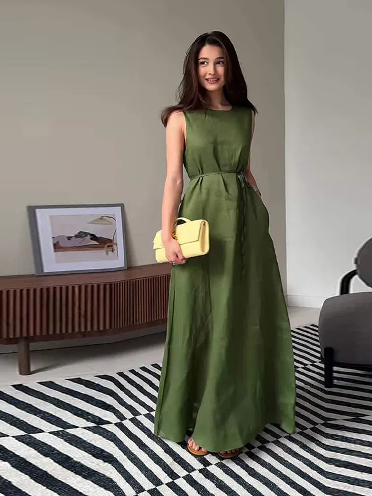 LIZAKOSHT  -  Lace Up Sleeveless Maxi Dresses Woman Cotton Linen Loose  O-neck Long Dress Ladies Casual Solid Colors Summer Office Robe