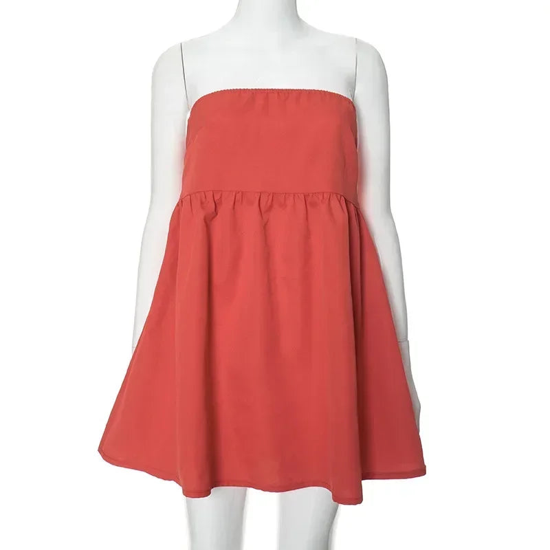 LIZAKOSHT  -  Elegant Solid Strapless Dress Women's Sleeveless Beach Vacation Short Dress Splice Off Shoulder Loose High Waist Clothing