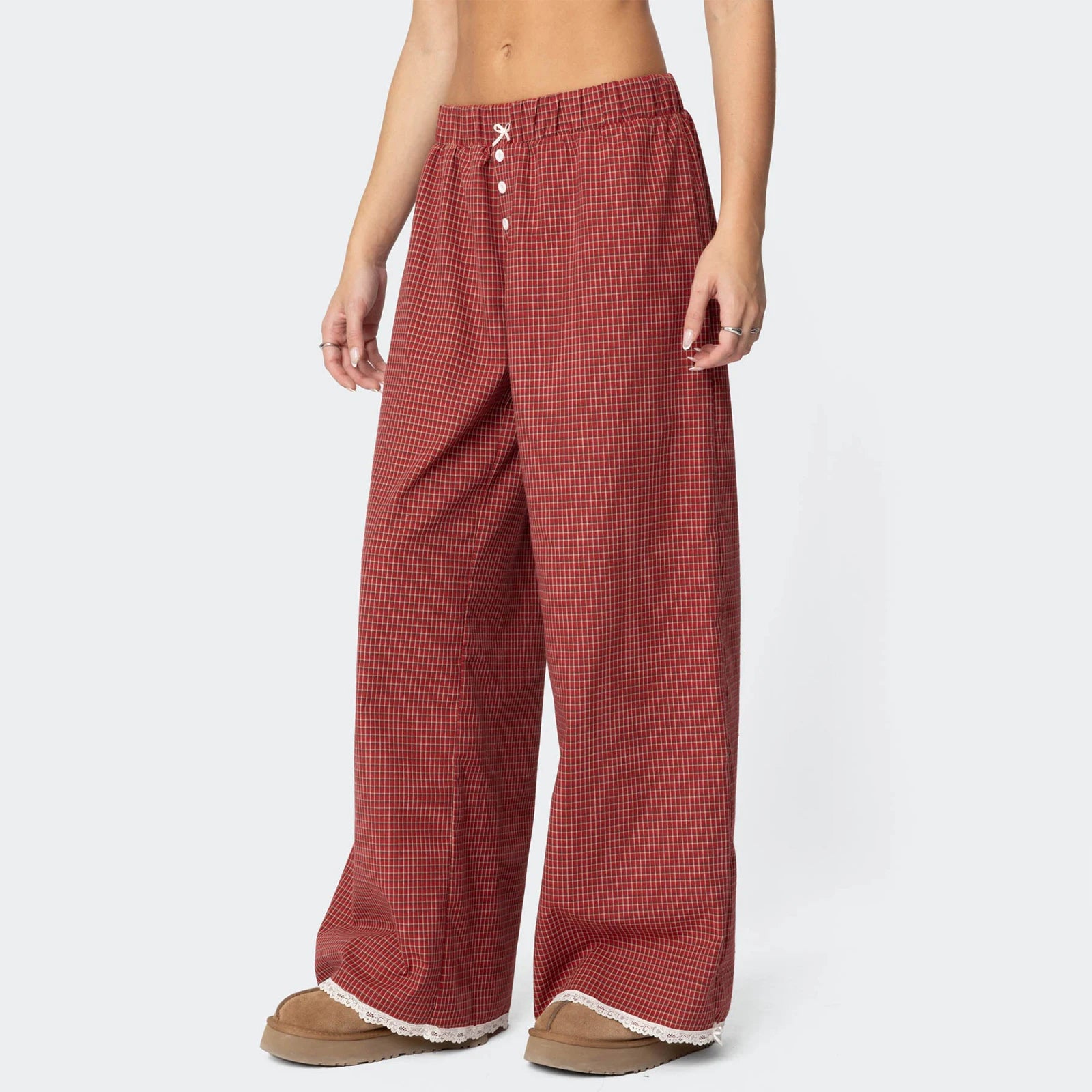 LIZAKOSHT  -  Women Red Gingham Wide Leg Pants Lace Trim Vintage Elastic Waist Straight Leg Plaid Pants Y2K Vintage Streetwear