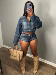 LIZAKOSHT  -  Stretch Denim Short 2 Piece Set Women 2024 New Spring Zipper Crop Top + Shorts Slim Clubwear Outfits Vintage Streetwear Suits