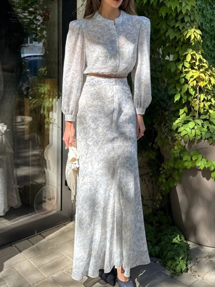 LIZAKOSHT  -  Commute Printed Female 2 Piece-Set Long Skirt Patchwork High Waist Short Top And Slim Maxi Skirt Sets New Women's Outfits