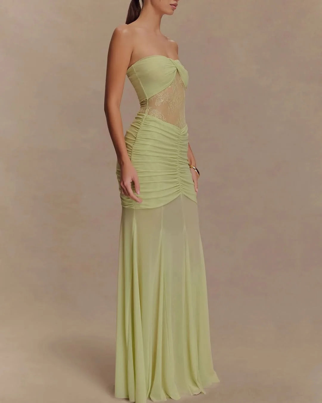 LIZAKOSHT  -  Design Sense Women's New Sexy Bandeau Long Skirt Pleated Mesh Panelled Sheer Lace Dress