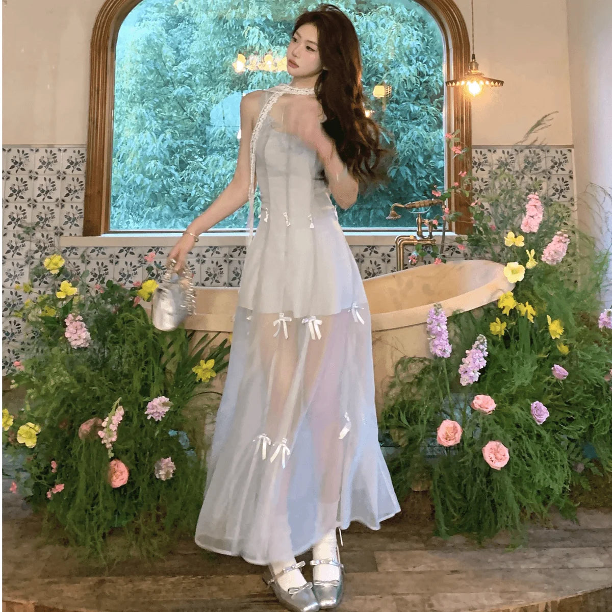 LIZAKOSHT  -  Bow-tie Strap Waist-cinching Slim Fit Mesh Cami Dress