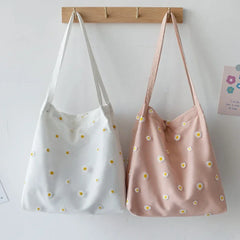 LIZAKOSHT  -  Cute Shoulder Tote Bag Canvas Bags for Women Girls SEmbroidery Daisy Crochet