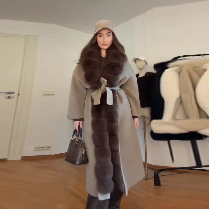 LIZAKOSHT  -  Patchwork Fur V-Neck Lace up Coat Woman Solid Color Long Sleeves Loose Warm Coats Luxury Chic Women's New Autumn Winter Jackets