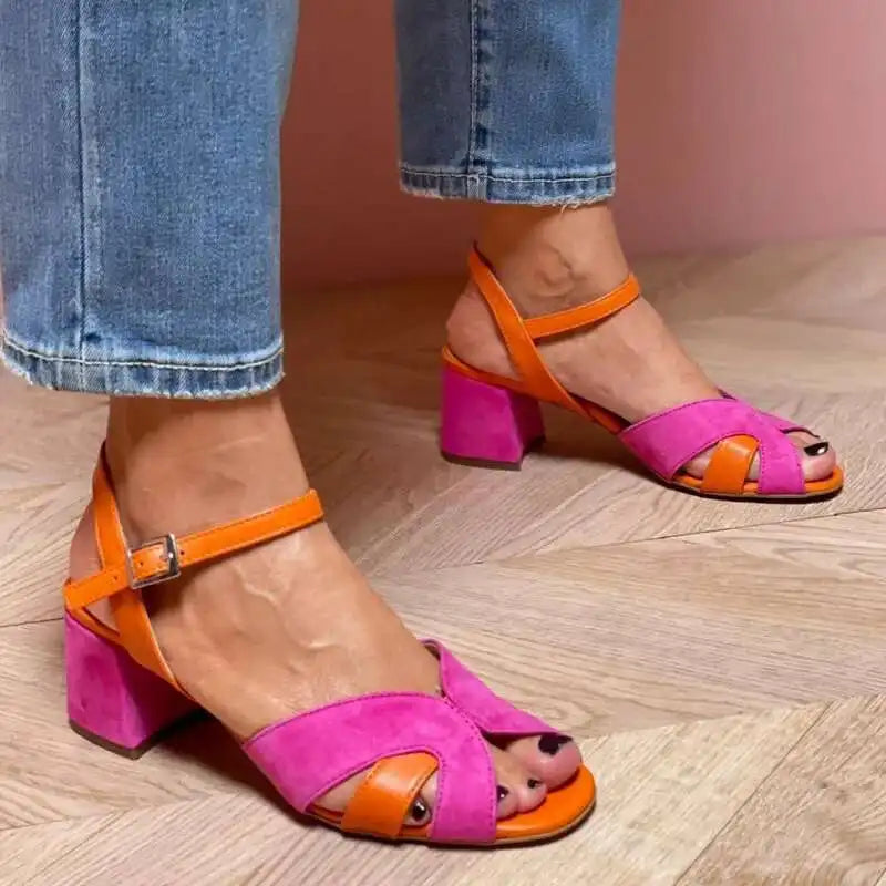 LIZAKOSHT  -  Summer Buckle High Heels Peep Toe Women Sandals Velvet Women's Office Shoes