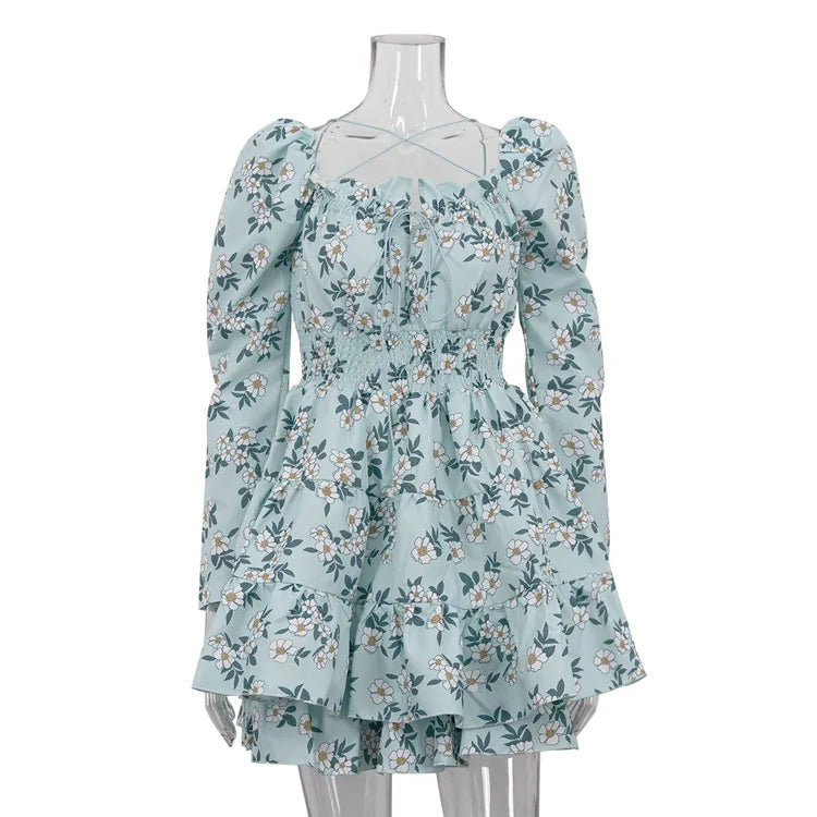 LIZAKOSHT  -  Floral Print Dress For Women Autumn Sexy Deep V Nekc Bandage Long Sleeve Short Dresses Lace Up Elegant Ruffle Dress 2025