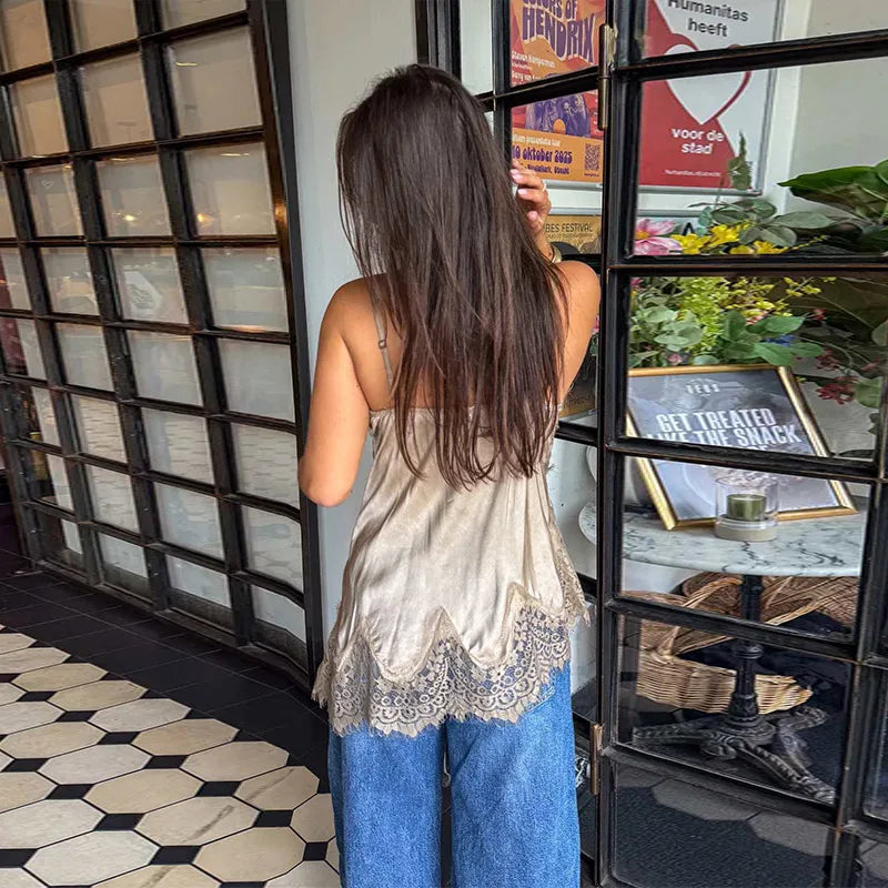 LIZAKOSHT  -  Sexy Satin Sling Tops Women V Neck Hollow Out Patchwork Lace Irregular Tank Top Female New Chic Solid Fashion Streetwears