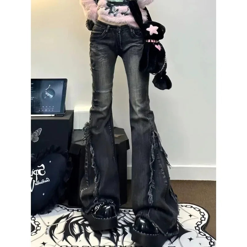 LIZAKOSHT  -  2025 New American Style Retro High Street Ruffled Denim Jeans Women Autumn Low Waisted High Elastic Slimming Wide Leg Mop Pants