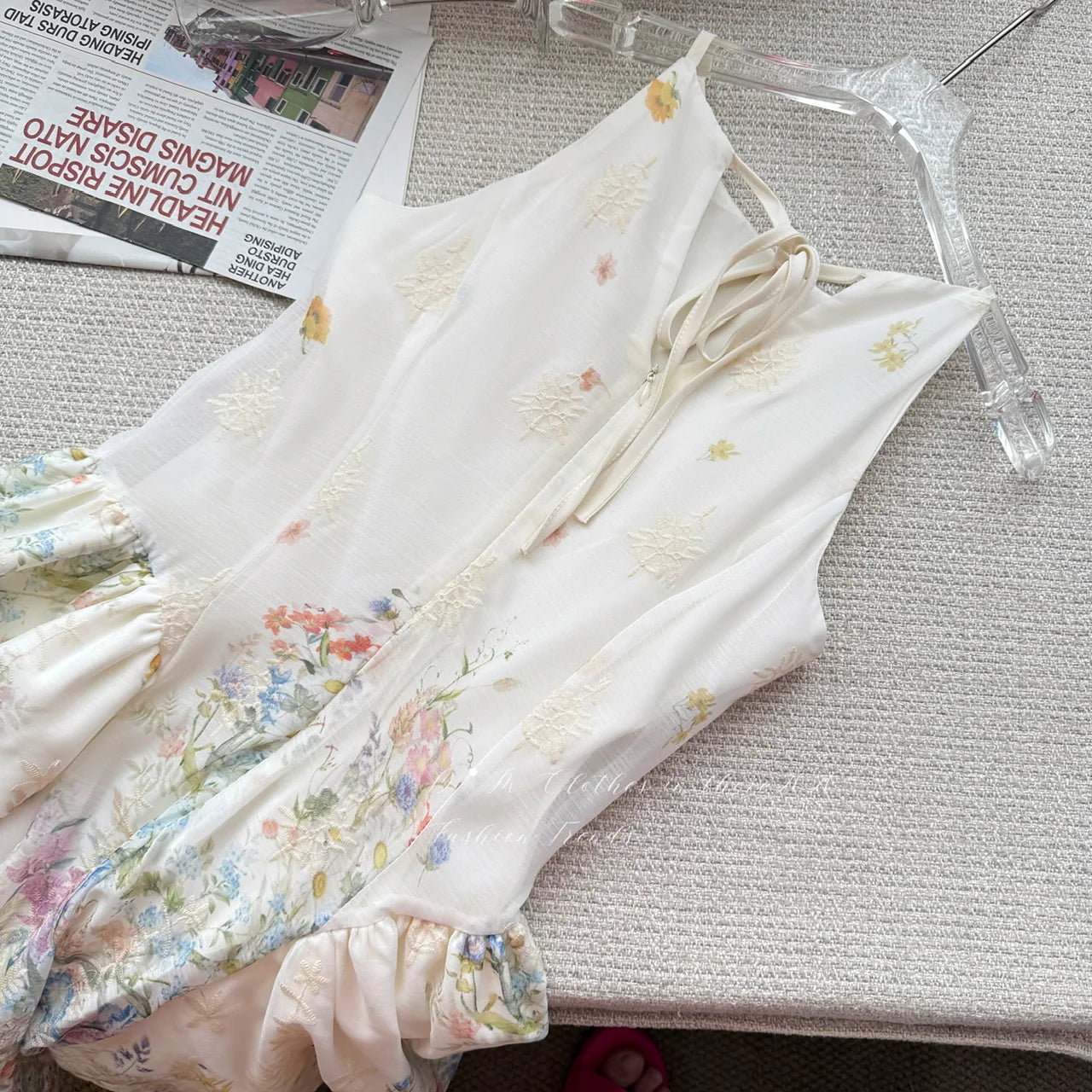 LIZAKOSHT  -  Off White Elegant Kawaii Fairycore Floral Print Chiffon Ruched Waist Halter Mini Dress Women Girls Summer Beach Party Daily Wear