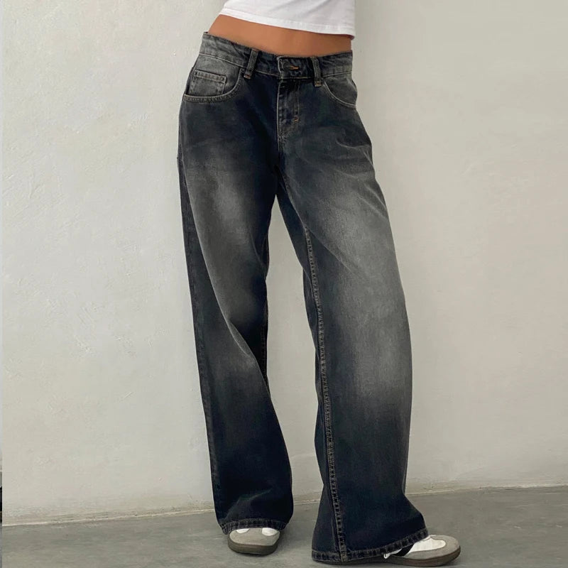 LIZAKOSHT  -  Women Y2K Aesthetic Low Rise Baggy Jeans Loose Fit Boyfriend Straight Wide Leg Denim Pants Trendy Stretch Trousers