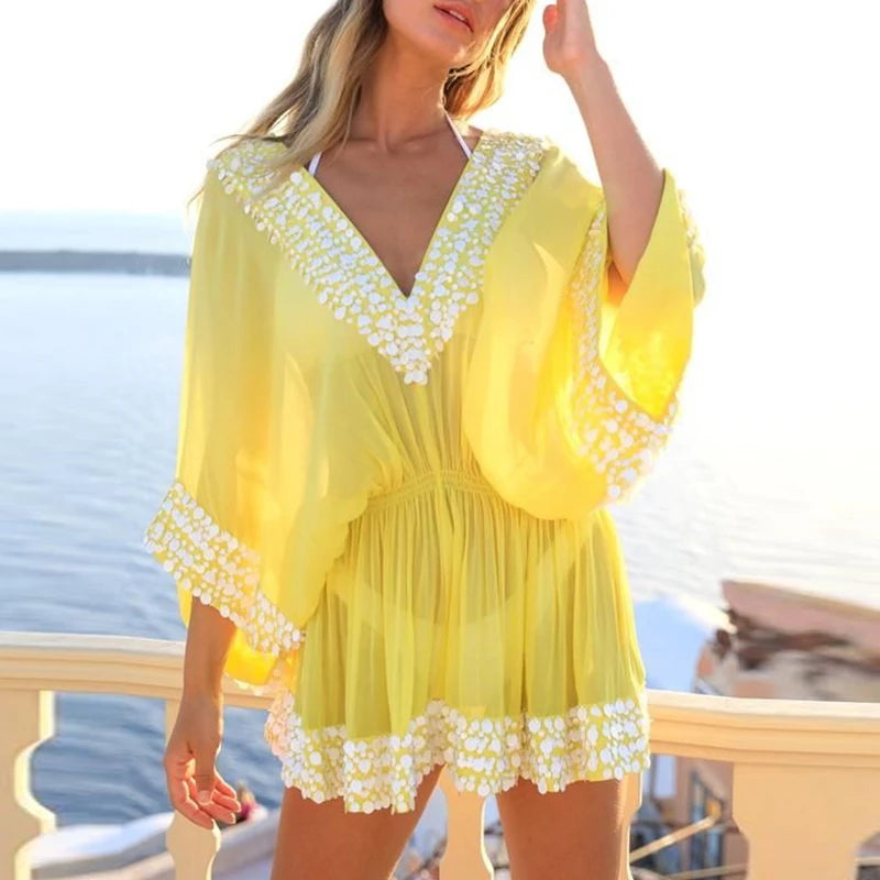 LIZAKOSHT  -  Solid color sequin summer new dress beach party sexy women's short skirt casual V-neck see through high waisted mini dress