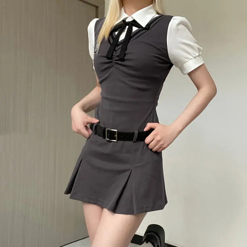 LIZAKOSHT  -  Dress Fake Two-Piece Contrasting Color Polo Collar Bow Belt American Preppy Style Female Slimming Hot Girl Short Skirt