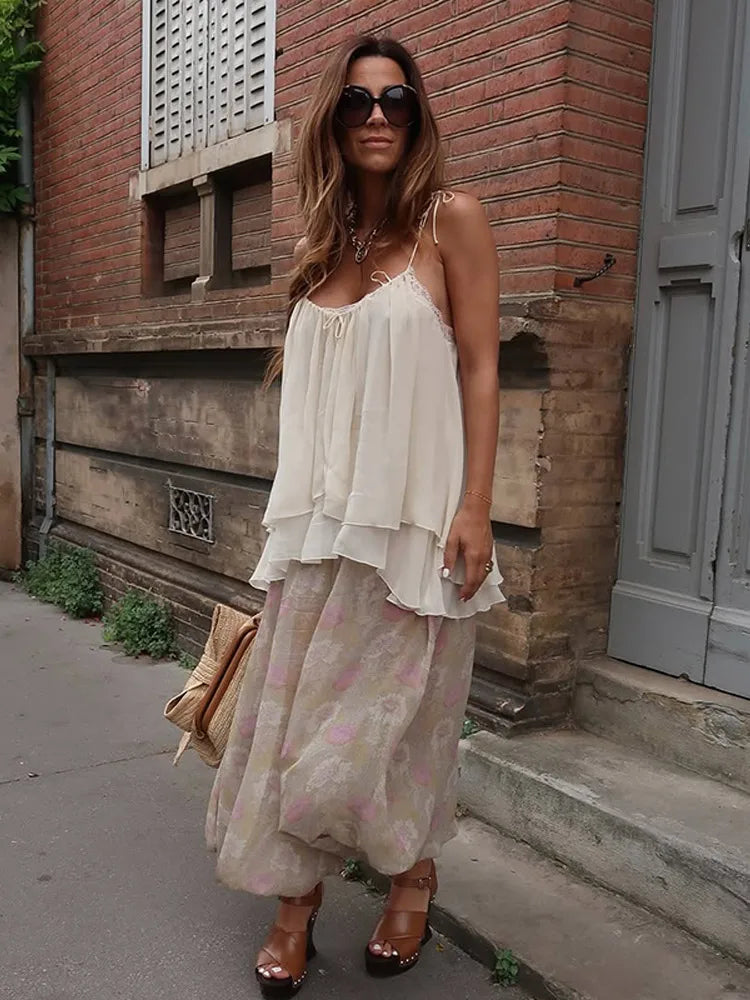 LIZAKOSHT  -  summer Women Loose-fitting Vest Casual Scoop Neck Sweet Spaghetti Strap Chiffon Blouses Ladies Ruffle Hem Flowy Cami Top