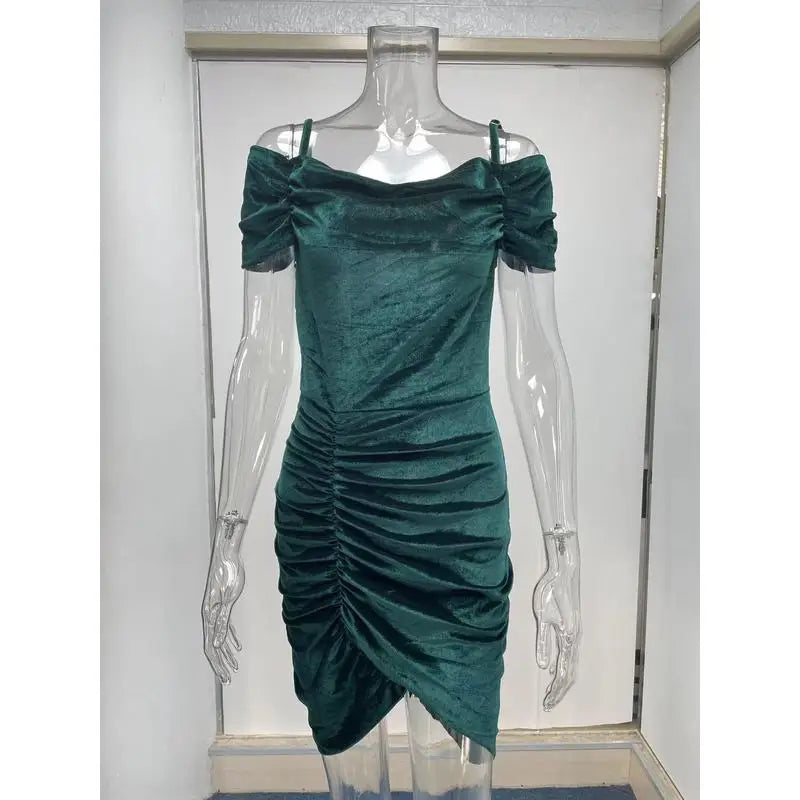 LIZAKOSHT  -  Velvet Long Sve Dr Cold oulder Ruched Bodycon High Waist Street Sle Polyester Fiber Autumn Season V-Ne H-ape