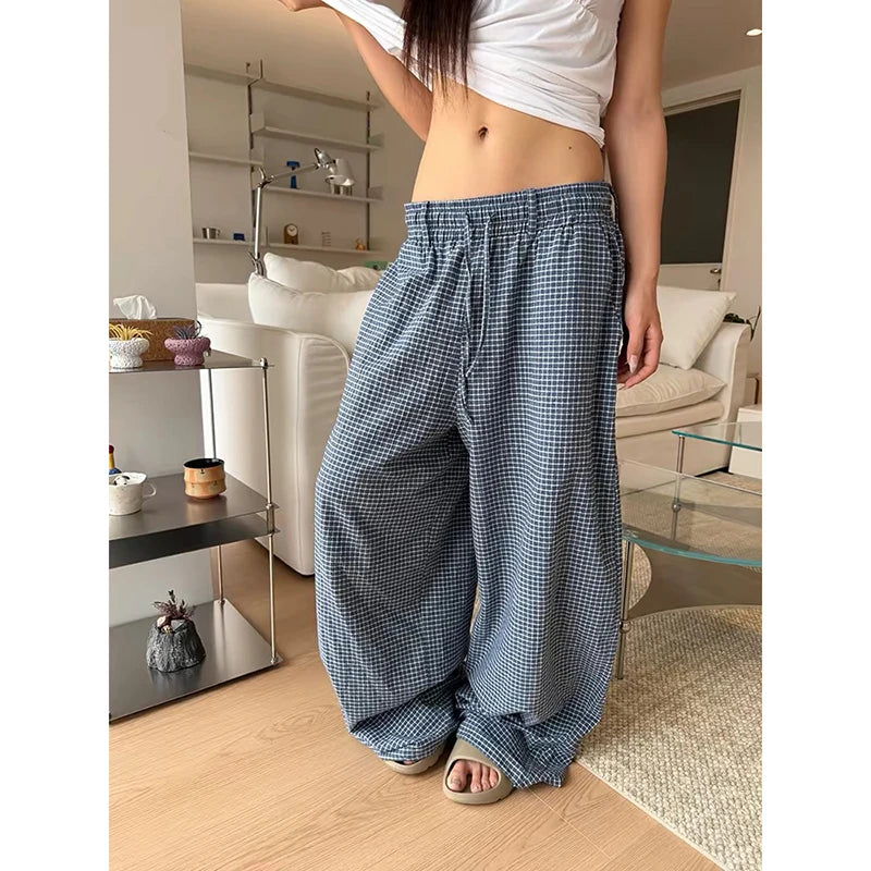 LIZAKOSHT  -  Women Blue Baggy Wide Leg Sweatpants Oversize Plaid Pants Harajuku 2000s American Style Vintage Y2k Trouser Summer