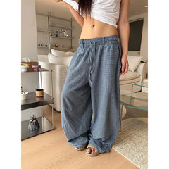 LIZAKOSHT  -  Women Blue Baggy Wide Leg Sweatpants Oversize Plaid Pants Harajuku 2000s American Style Vintage Y2k Trouser Summer
