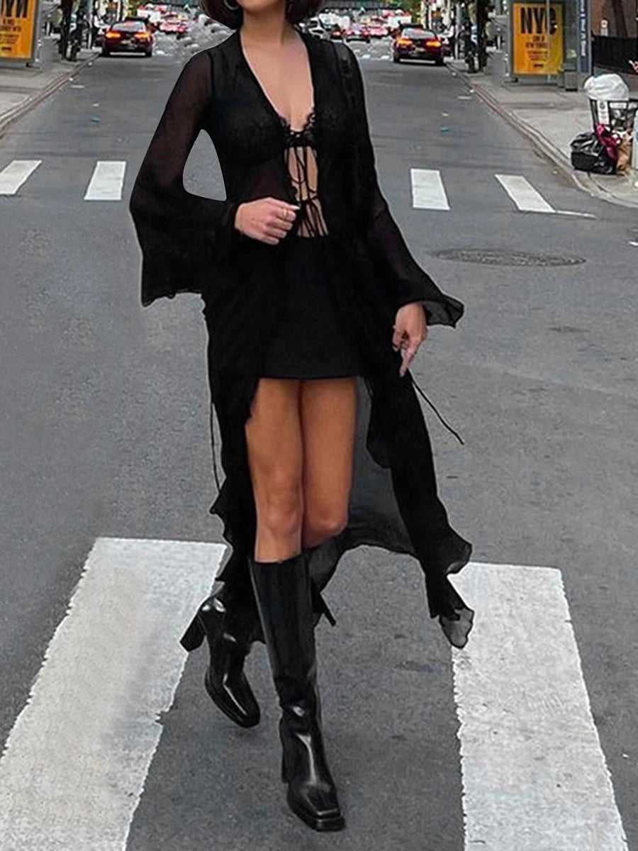 LIZAKOSHT  -  Women's Tie Up Long Cardigans Black Mesh Sheer Cover-ups See-Through Flare Long Sleeve Ruffle Trim Bandage Robes