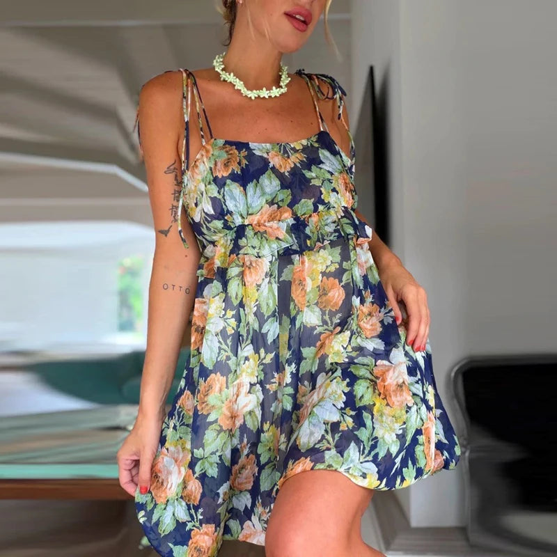 LIZAKOSHT  -  Sexy Off Shoulder Bow Tie-Up Vacation Dress Elegant Sleeveless Floral Print Short Dress Women Fashion Ruffled Pleat Mini Dresses
