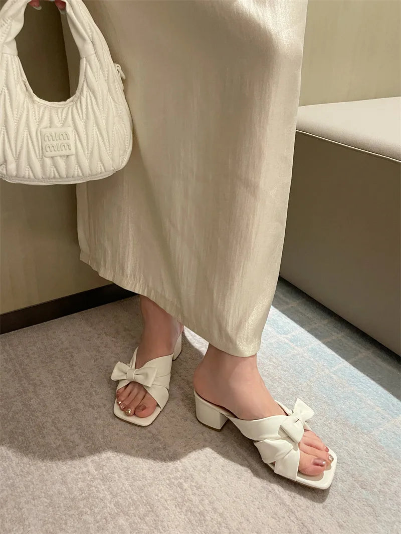 LIZAKOSHT  -  Bow Design Thick Heel Slippers Women Summer Square Head Soft Bottom Brand Sandals Comfortable Beach Casual Flats Zapatos Mujer