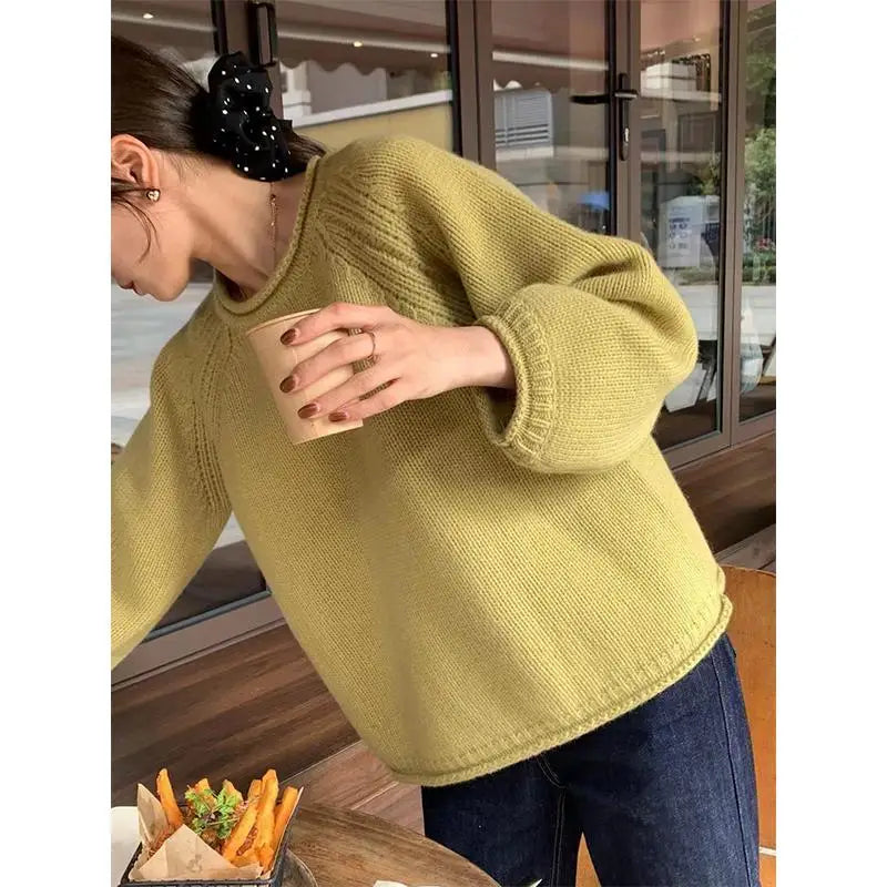 LIZAKOSHT  -  Sweater for Women Casual Soft Warm Sweater Solid Lantern Sleeve Knitted Short Pullovers Korean Loose Outerwear White Jumper