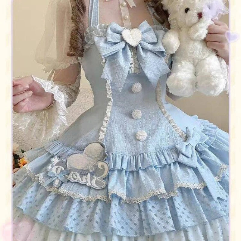  LIZAKOSHT  -  Coquette Sweet Lolita Mini Dress Women Halter Strap Lace Trim Ruffle Bow Slim Fit Bodycon Party Dress Elegant Casual Outfit