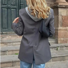 LIZAKOSHT  -  Casual Loose Hooded Blazer Women Elegant Single Breasted Long Sleeve Suit Coat Office Lady 2025 New Autumn Fashion Solid Coats