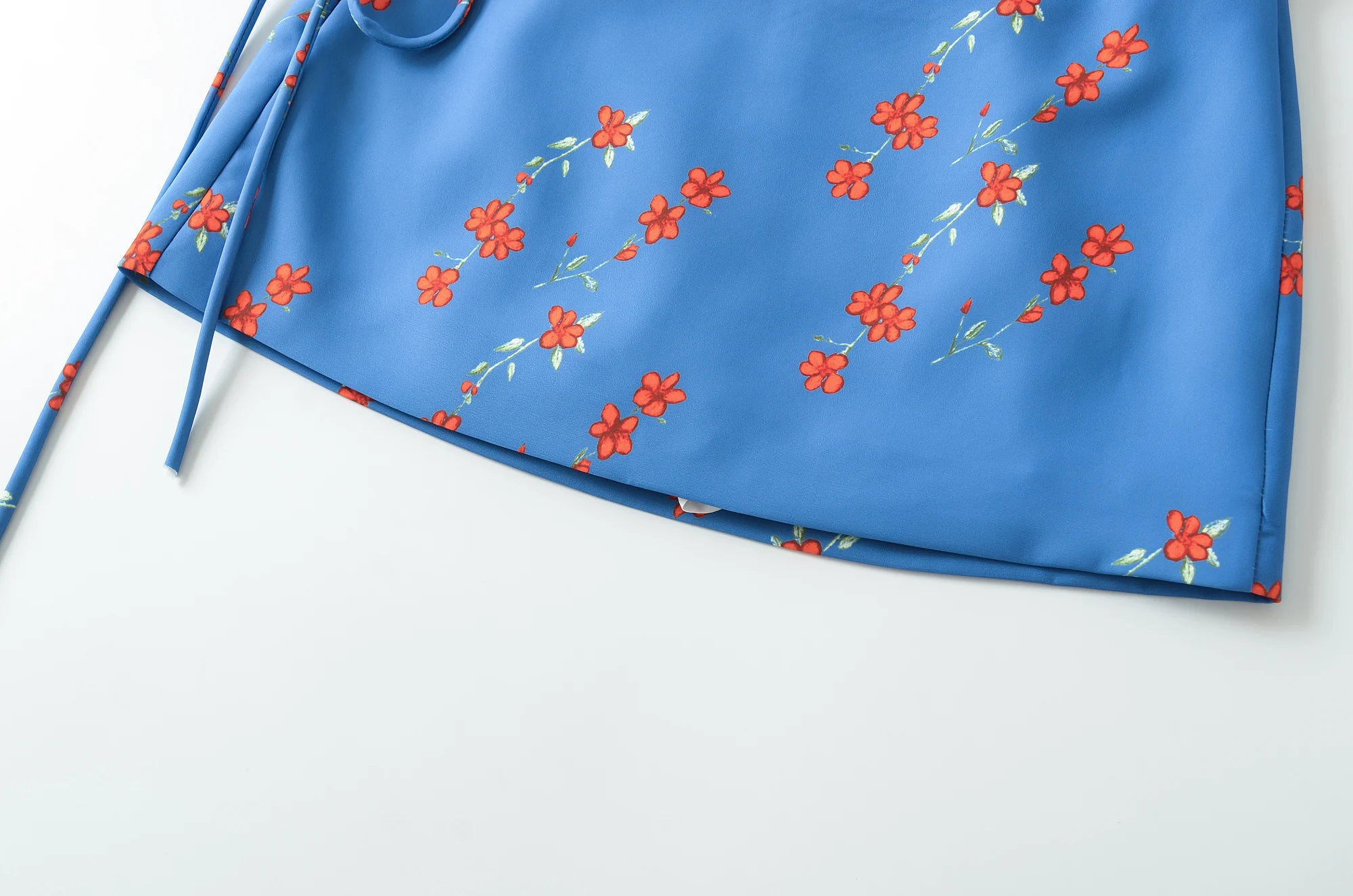 LIZAKOSHT  -  Summer Girl Bandage Lacing Up Sashes Ruched Waist Blue Floral Print Mini Skirts Fashion Women Zip up Waist A-lined Short Skirts