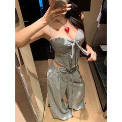 LIZAKOSHT  -  Summer New Korean Lace-up Pleated Sexy Slim Camisole Women + Contrast Color Striped Loose Wide Leg Pants Two-piece Suit