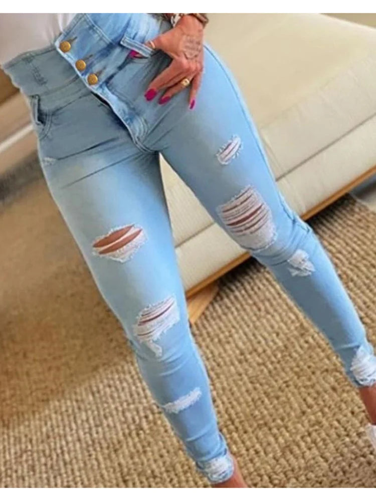 LIZAKOSHT  -  Y2K Womens High Waist Denim Pants Spring Autumn High Elasticity Slimming Piercing Small Leg Pants