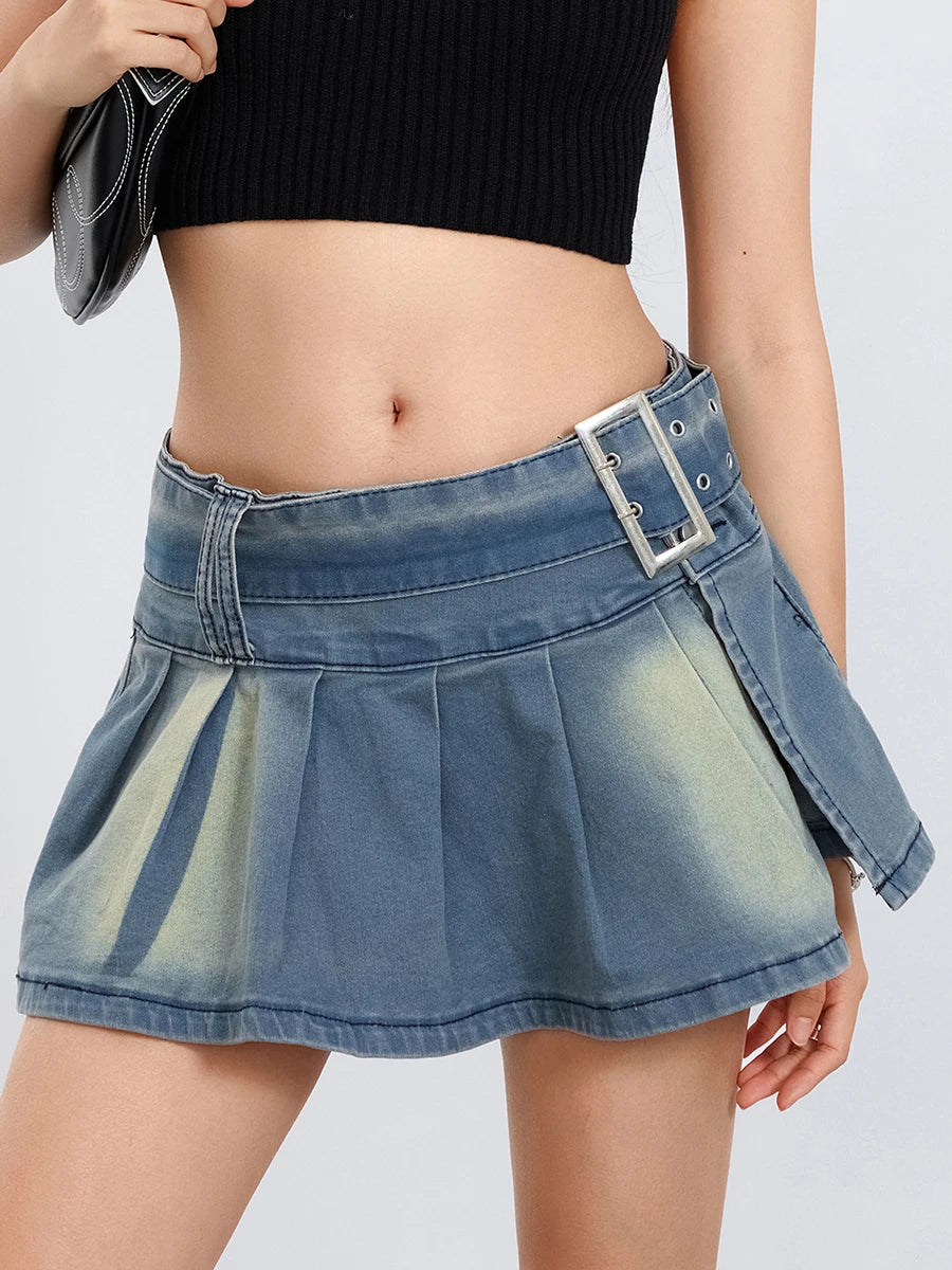 LIZAKOSHT  -  Retro Low waist Denim Mini Skirts Women's Short A-Line Pleated Skirt with Belt Streetwear Aesthetic Clothes Jeans Skirt