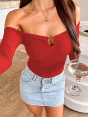 LIZAKOSHT  -  Y2K New European American Style Off-Shoulder T-Shirt Women Spicy Girls Metal Buckle Slim Long Sleeve Top Tee Knitted Sexy 56911