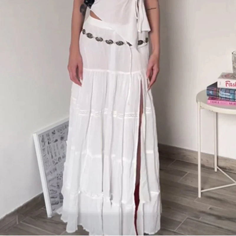 LIZAKOSHT  -  Cotton White Women'S Long Skirt Boho Holiday Style Sexy Side Split Midi Skirt Female Solid Casual Y2K Aesthetic Outfits