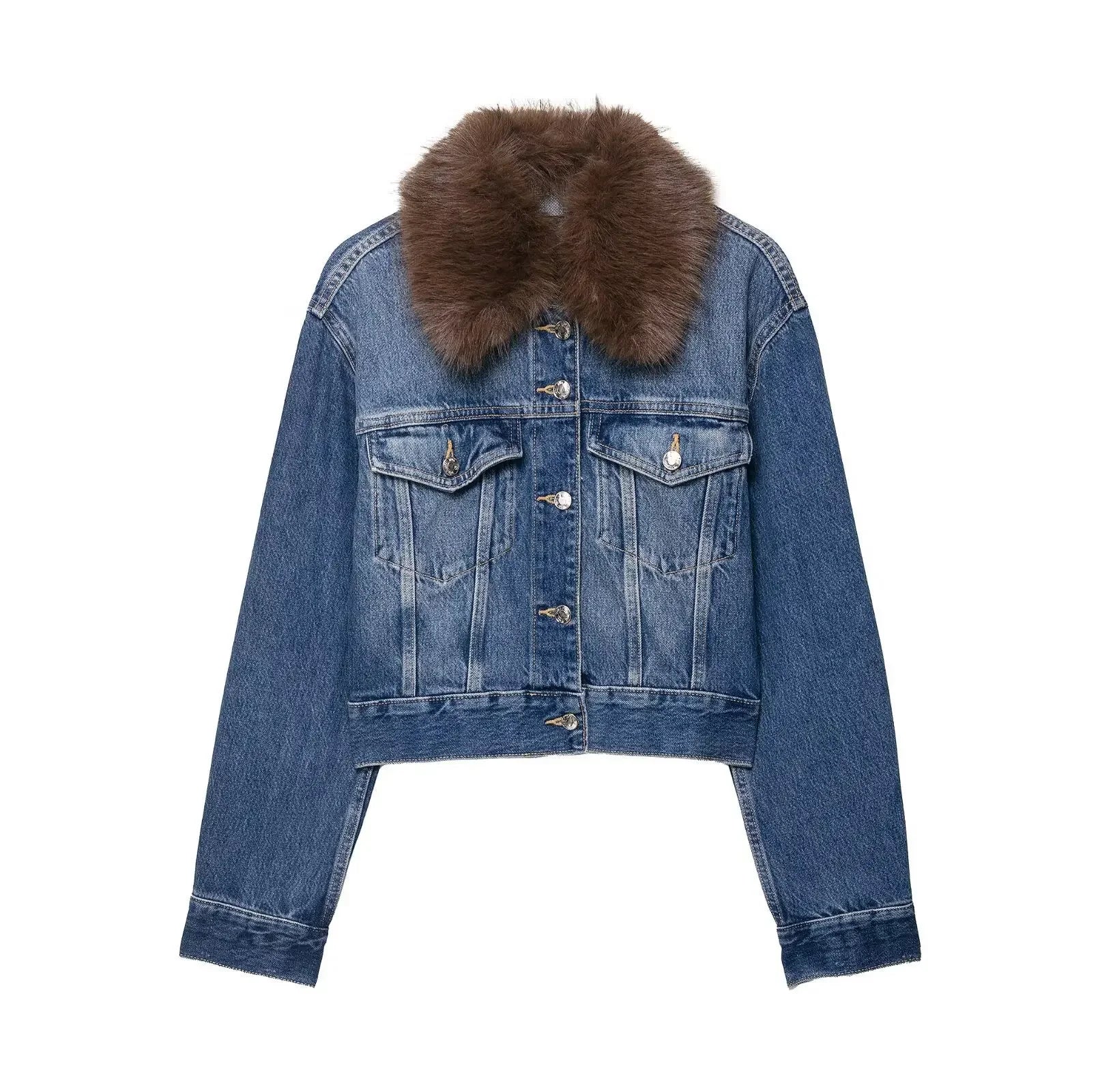 LIZAKOSHT  -  Women Blue Denim Jacket With Brown Faux Fur Collar Full Sleeve Button Front Cropped Casual Outerwear 2025 Autumn Lady Streetwear