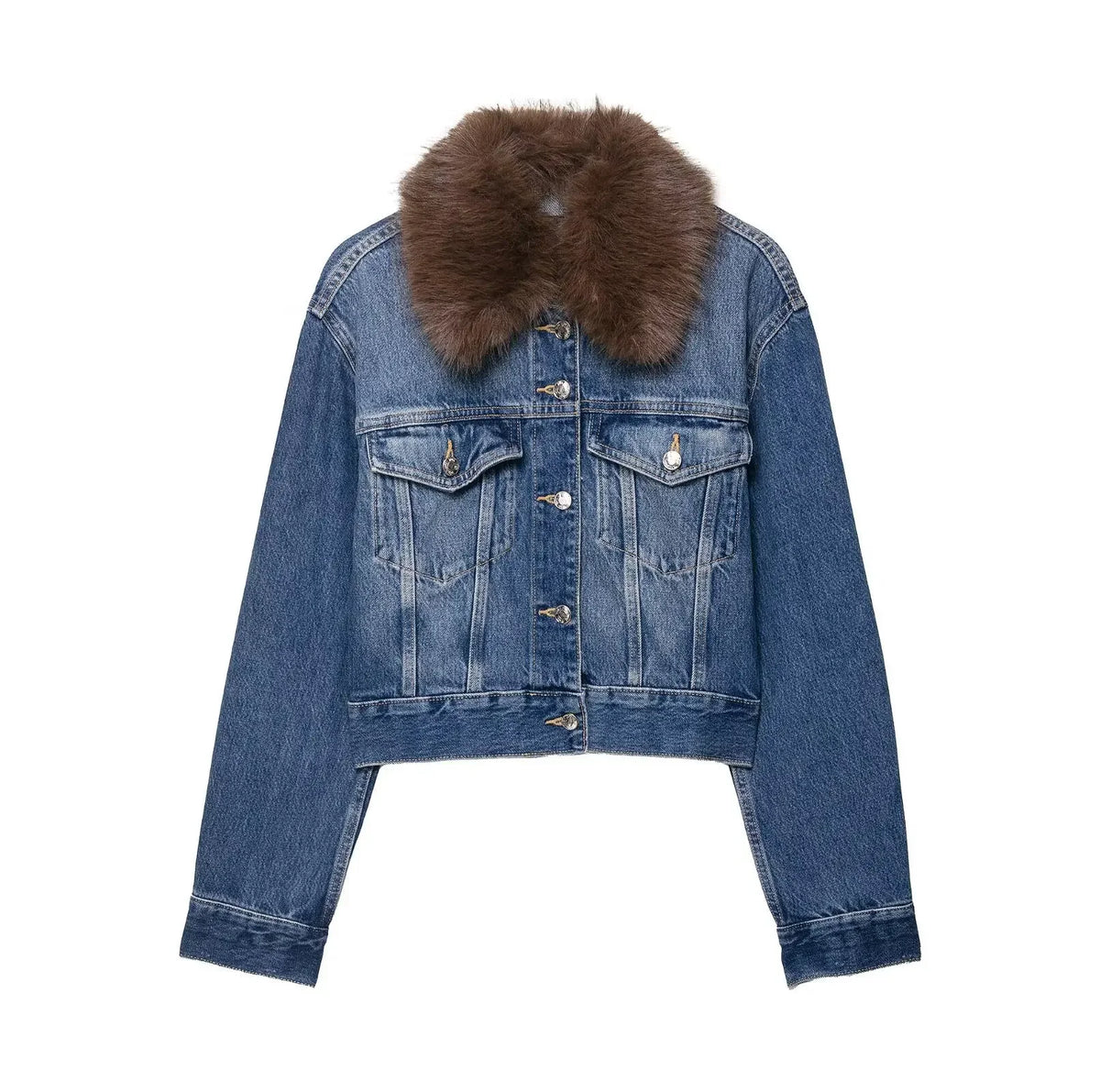 LIZAKOSHT  -  Women Blue Denim Jacket With Brown Faux Fur Collar Full Sleeve Button Front Cropped Casual Outerwear 2025 Autumn Lady Streetwear