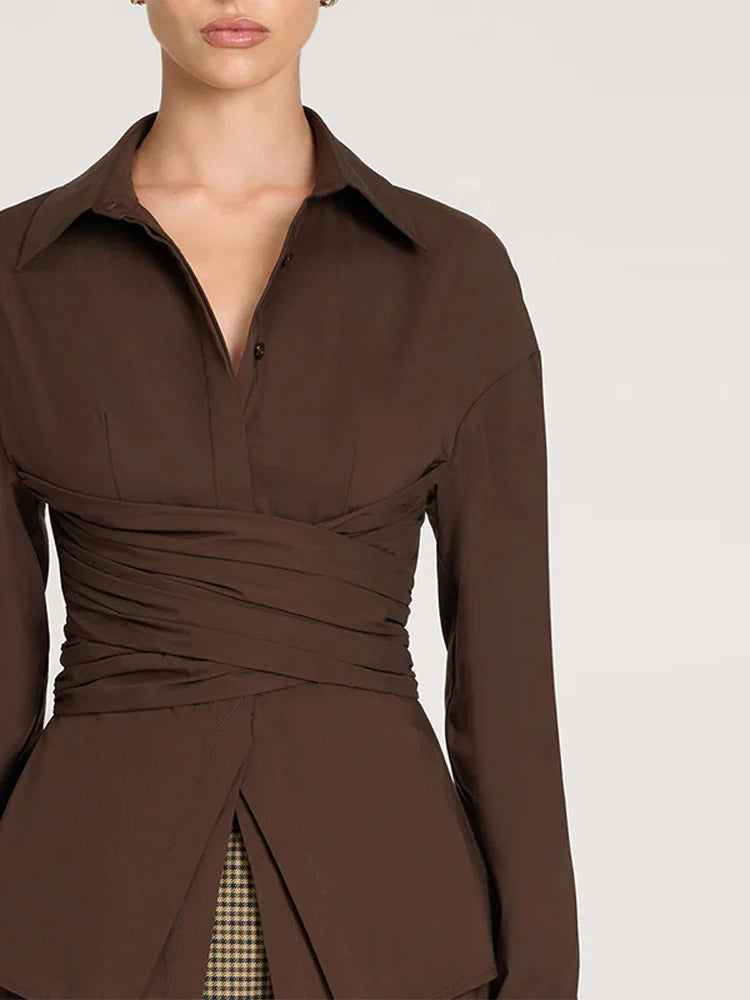 LIZAKOSHT  -  Chic Waist Cinching Lapel Shirt Woman Solid Color Irregular Hem Long Sleeves Slim Top Casual Commuting Versatile Women's Shirts