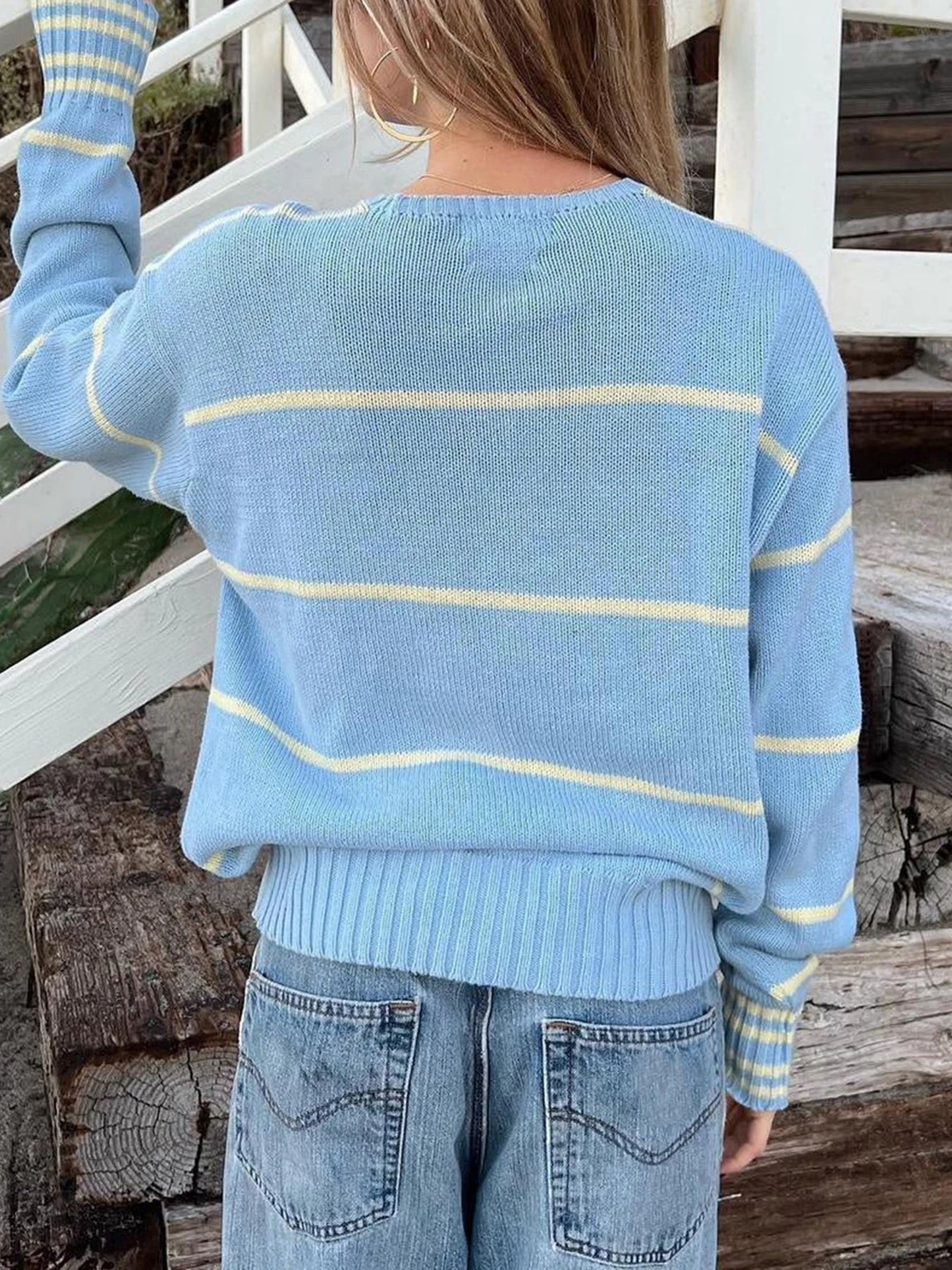 LIZAKOSHT  -  Casual Loose Contrast Striped Sweater Bvasic O-Neck Long Sleeve Knitted Pullovers Women Autumn Winter Streetwear