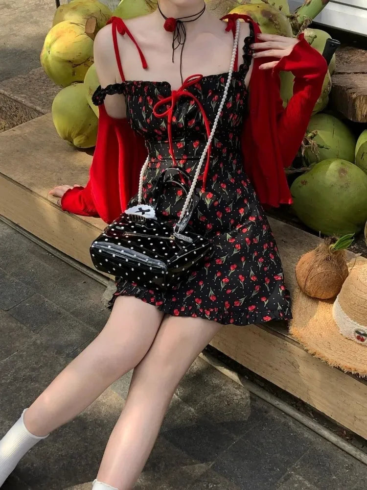 LIZAKOSHT  -  Korean Dress Women Sweet Bow Bandage Sleeveless Backless Robe Femme Floral Fashion Summer Mini Dresses Vestidos De Mujer