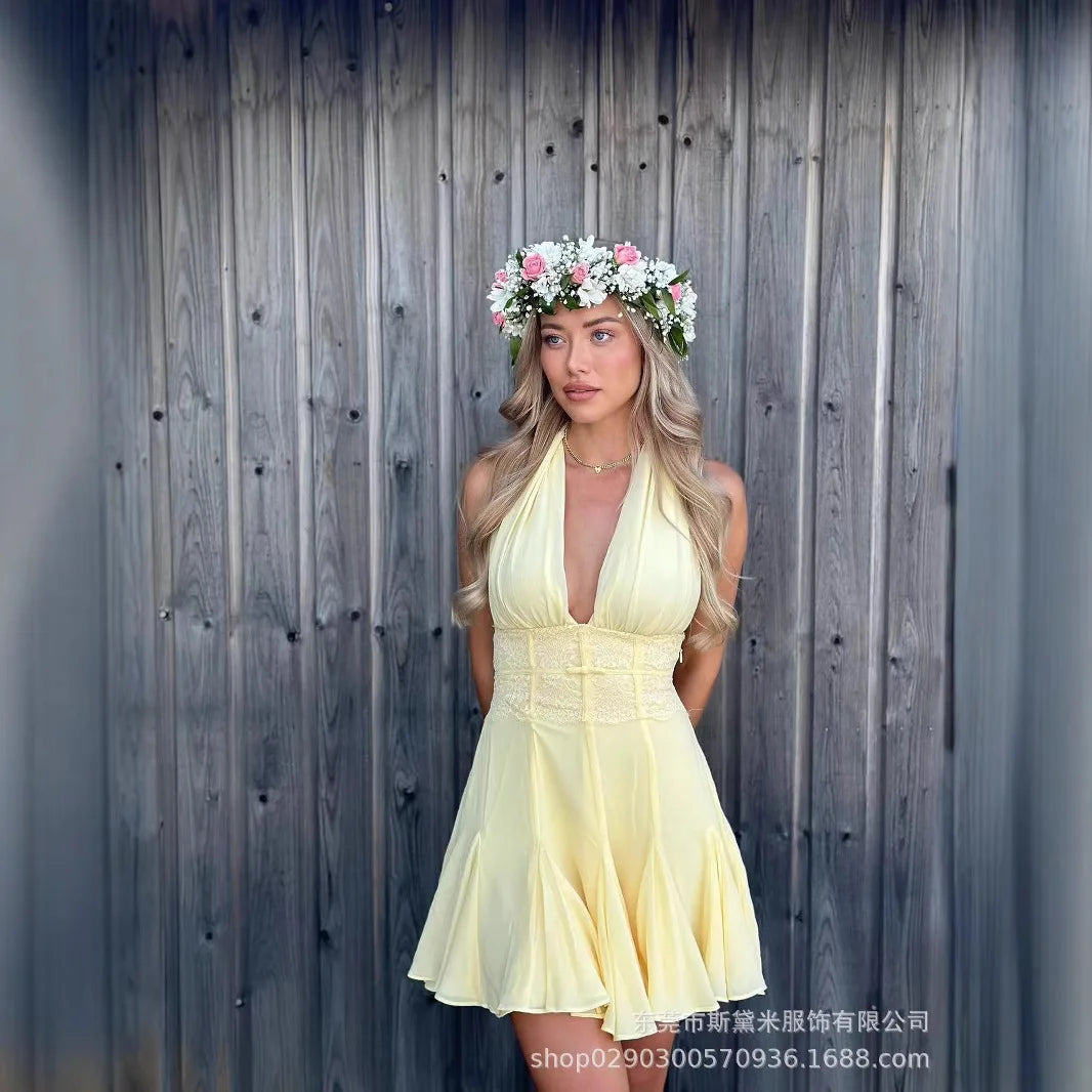 LIZAKOSHT  -  Summer Yellow Lace Women Prom Dress Sexy V Neck Halter Sleeveless Backless Party Gown Short Mini Robe Casual Beach Holiday Skirt