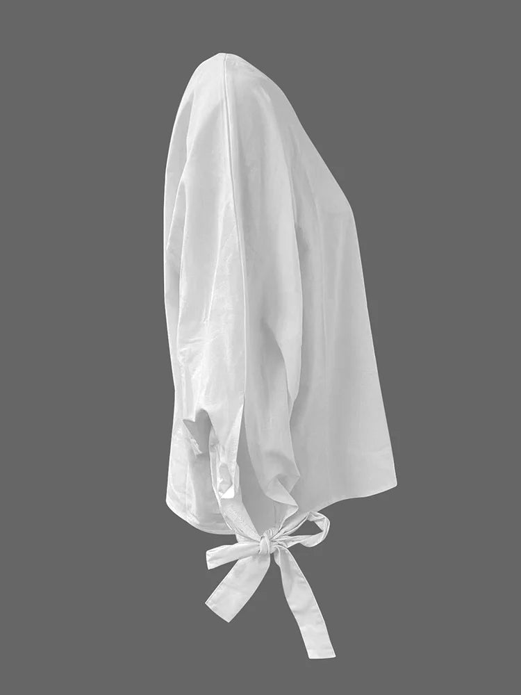 LIZAKOSHT  -  Simple Off Shoulder Women's Tees One-Shoulder Tops Elegant Loose Asymmetric Tied Casual White Blouses&Shirts Female