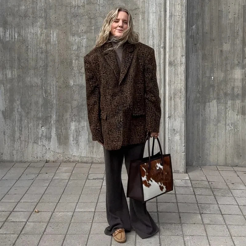 LIZAKOSHT  -  Leopard Turn-down Collar Coats Women Single-Breasted Long Sleeved Jackets For Woman Autumn Winter Office Vintage Outwears