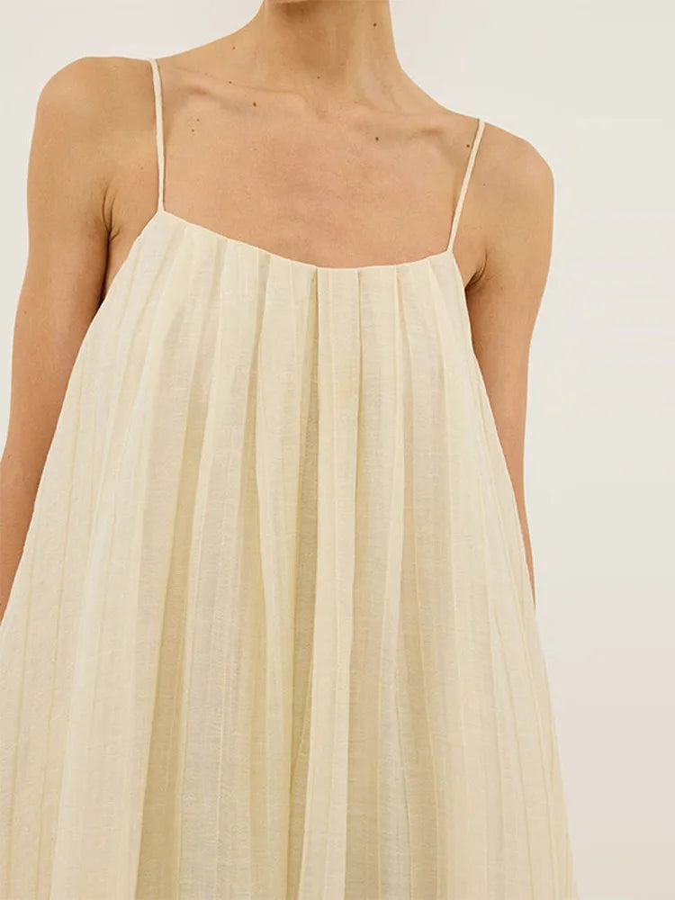LIZAKOSHT  -  Casual Loose Pleated Sling Long Dress Women Chic Simple Beige Sleeveless Low Cut Holiday Dresses Lady Retro Summer Beach Vestido