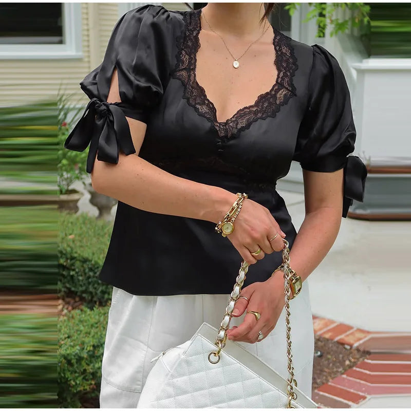 LIZAKOSHT  -  Satin Women's Top Lace Trim Puff Short Sleeve Square Neck Blouse Female Tie Cuff Casual Spring Fashion Chic Short Tops Ladies
